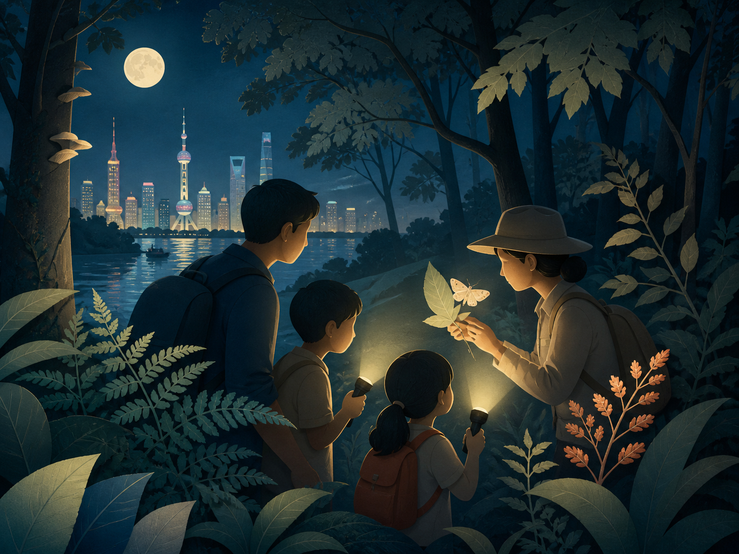 亲子跟随自然导师在森林夜间观察昆虫的意境插画