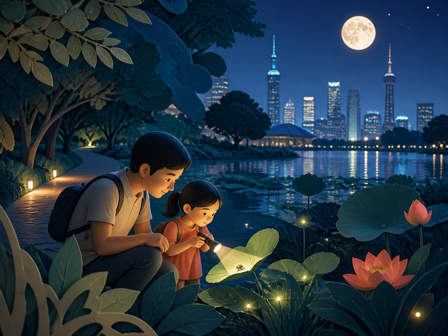 亲子在世纪公园夜间观察昆虫的意境插画