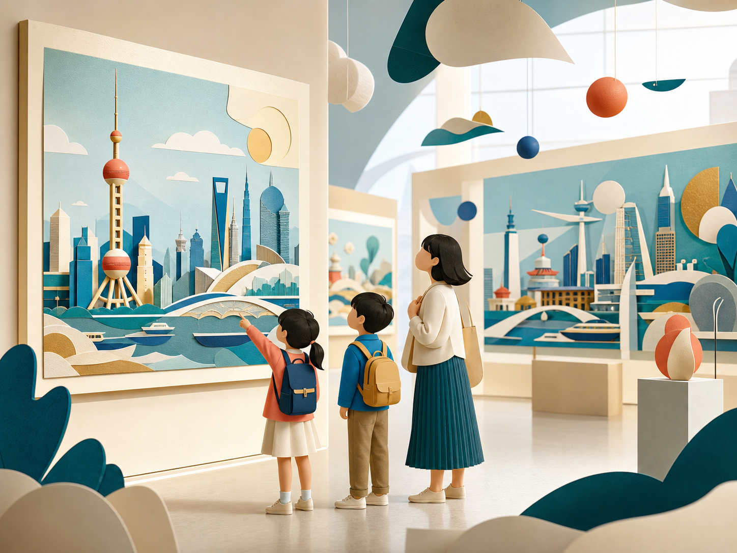 孩子在美术馆观看未来城市作品的意境插画
