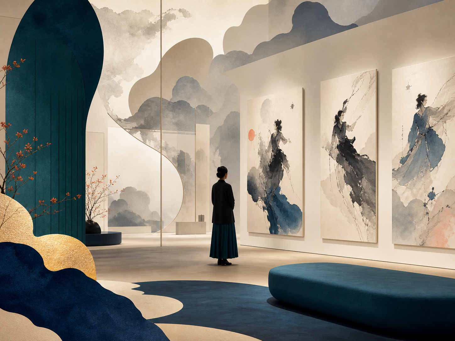 现代中国水墨人物画展厅的意境插画