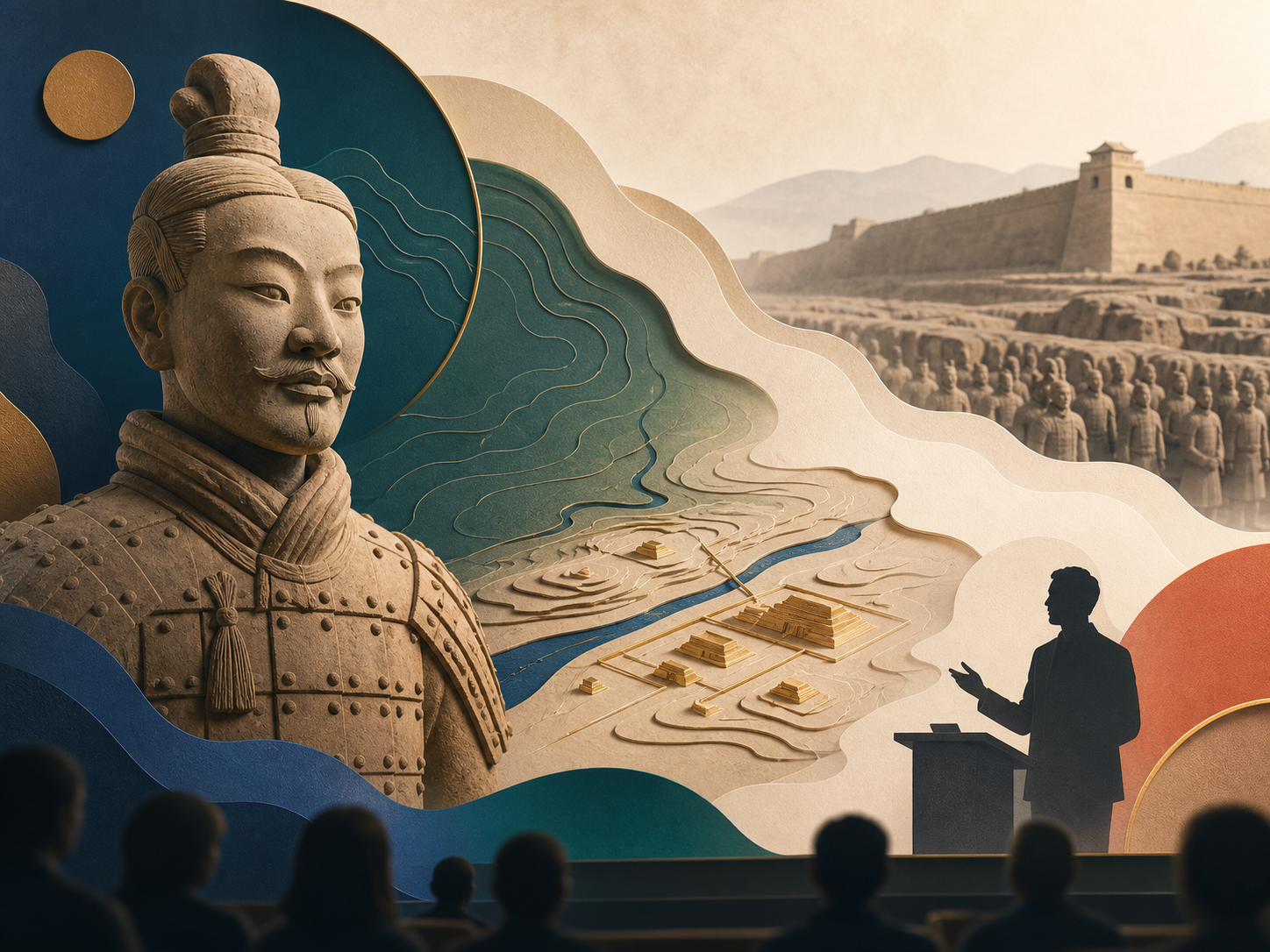 秦代考古、陵园地形与学术讲座的意境插画