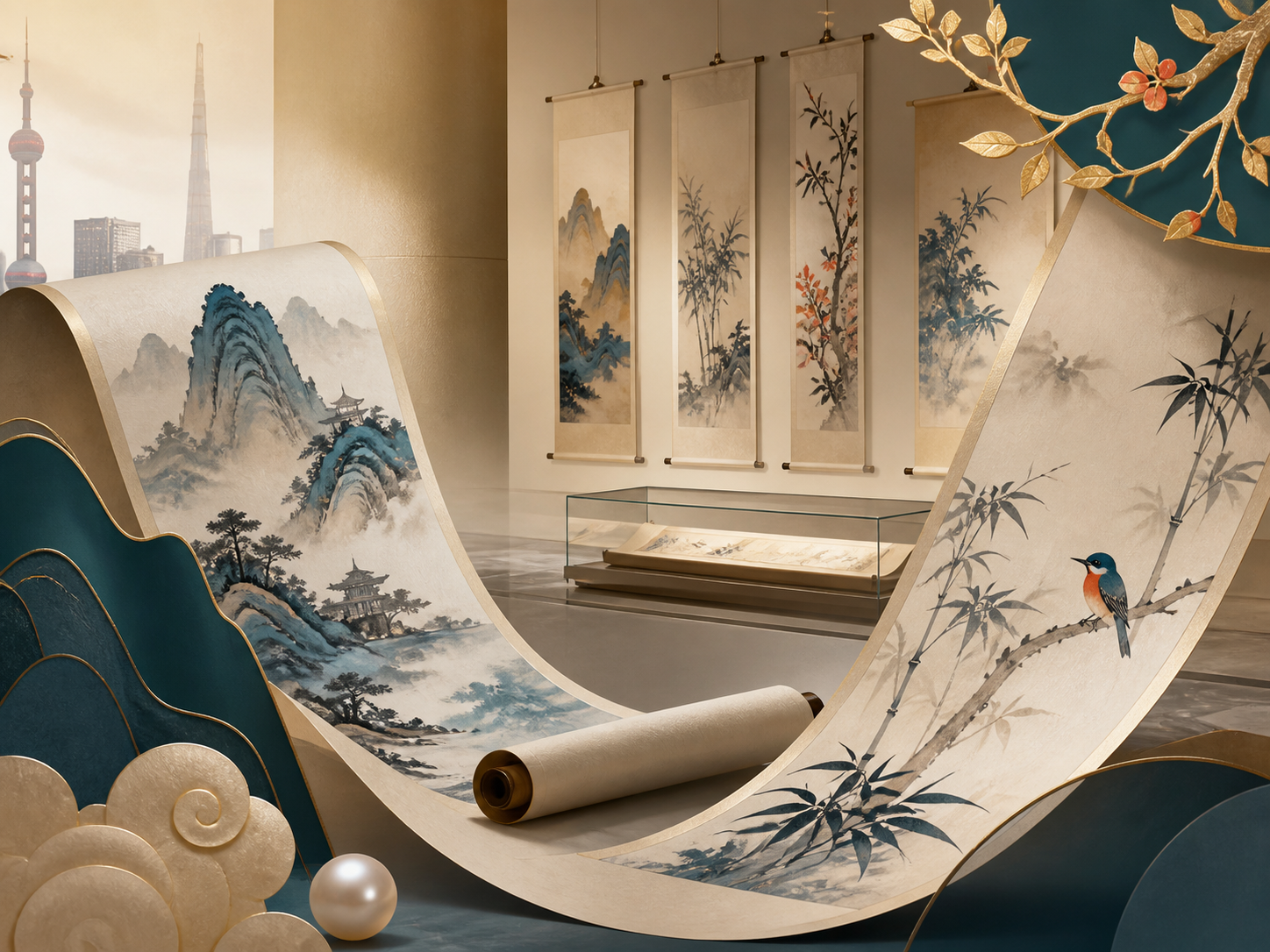 中国书画长卷与博物馆展厅的意境插画