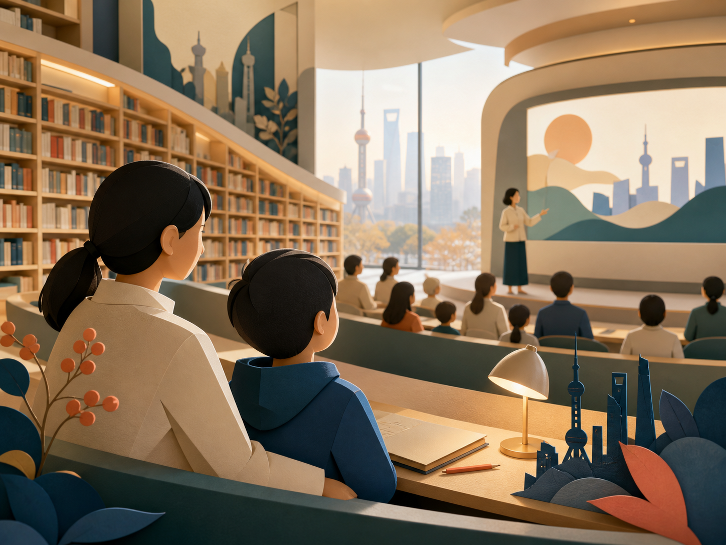 图书馆里亲子一起听公益讲座的意境插画